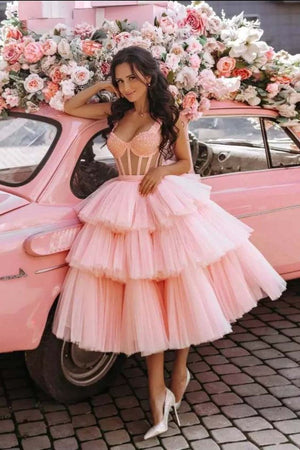 beautiful ball gown tulle tiered short prom dress princess pink sweet 16 dress