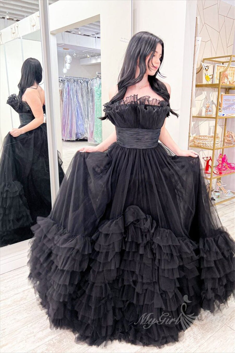 black a line strapless tulle layered long prom dresses princess formal dress