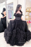 Black A-line Strapless Tulle Layered Long Prom Dresses Princess Formal Dress GP491