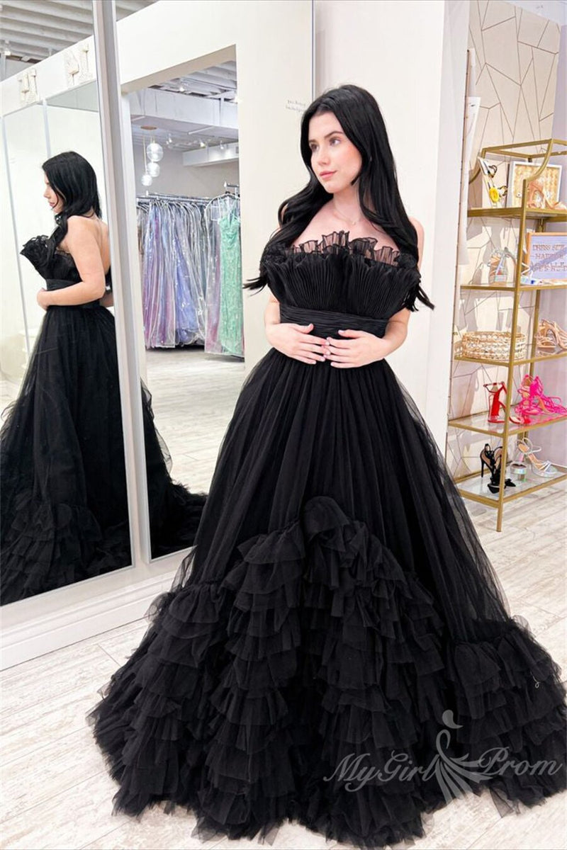 black a line strapless tulle layered long prom dresses princess formal dress