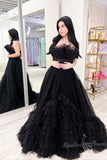 black a line strapless tulle layered long prom dresses princess formal dress