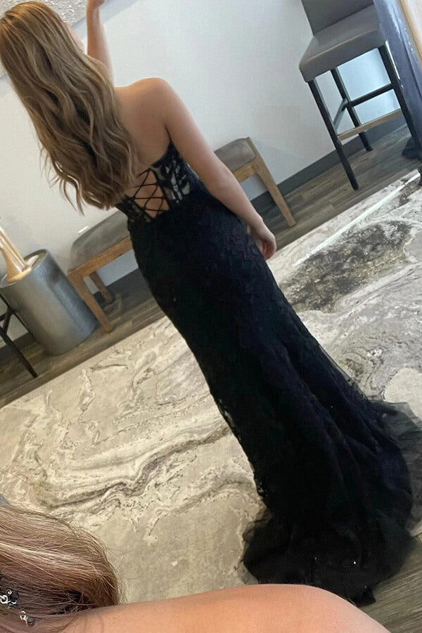 strapless black lace mermaid prom dresses evening dresses with split
