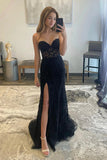 strapless black lace mermaid prom dresses evening dresses with split