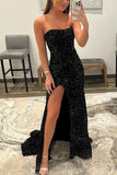 black sequin sparkly mermaid strapless long prom dresses formal evening dress