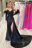 red sweetheart slit satin long prom dresses with detachable feathers sleeves