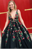 black lace floral embroidery long prom dress a line v neck backless formal gown