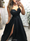 black lace long prom dress with slit black evening gown