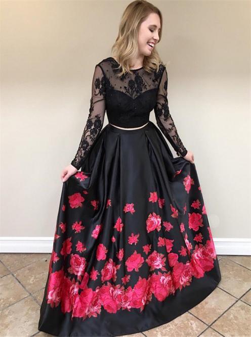 black lace long sleeves prom dress two piece with floral print