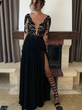 black long prom dress long sleeves lace appliques with slit
