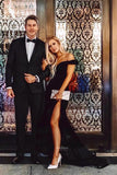 black off the shoulder mermaid long prom party dress with split