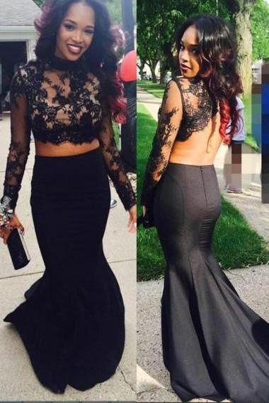 black satin mermaid long sleeves two piece prom dress with lace appliques