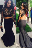 black satin mermaid long sleeves two piece prom dress with lace appliques