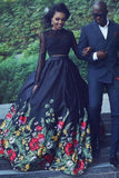 Black Two Piece Lace Long Sleeves Floral Prom Dress Keyhole Back MP898