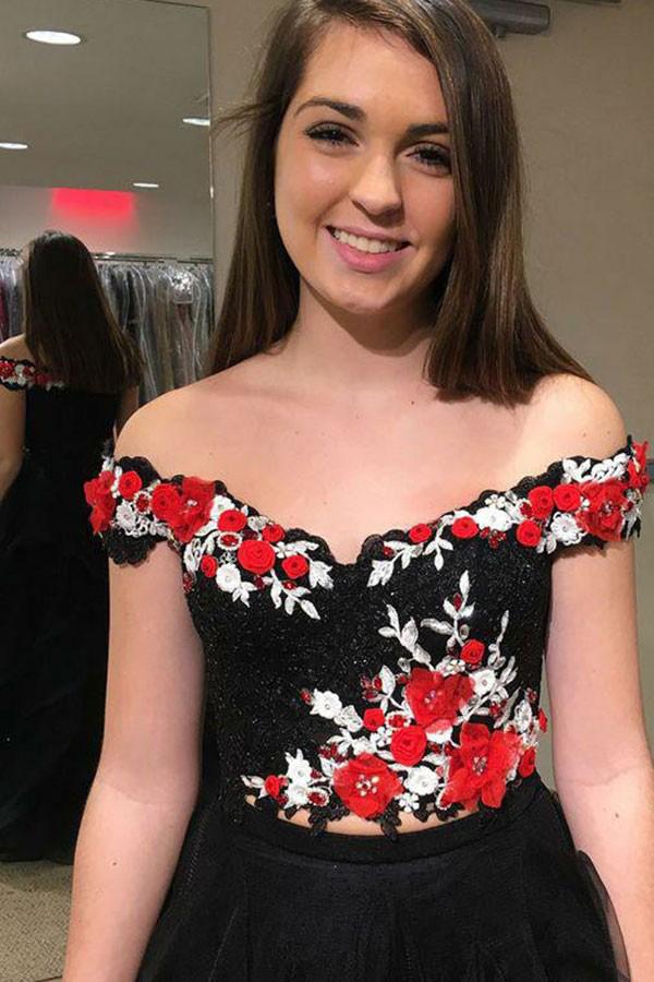 off shoulder appliques tulle two piece sleeveless black prom dress