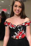 off shoulder appliques tulle two piece sleeveless black prom dress