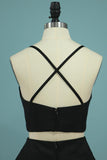 black two piece prom dress a line spaghetti straps evening dress with split