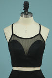 black two piece prom dress a line spaghetti straps evening dress with split