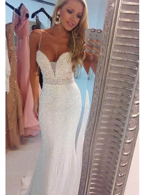 bling spaghetti straps long mermaid trumpet backless prom dress