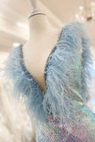 purple iridescent sequin feather long prom dress evening gown with slit