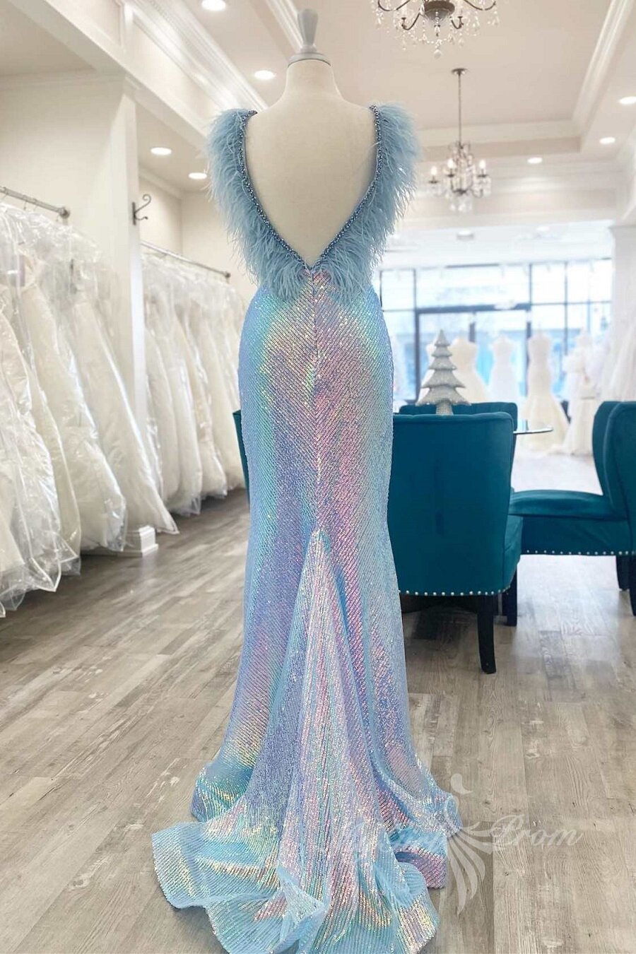 purple iridescent sequin feather long prom dress evening gown with slit