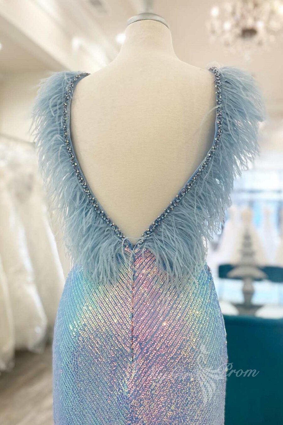 purple iridescent sequin feather long prom dress evening gown with slit