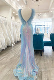purple iridescent sequin feather long prom dress evening gown with slit