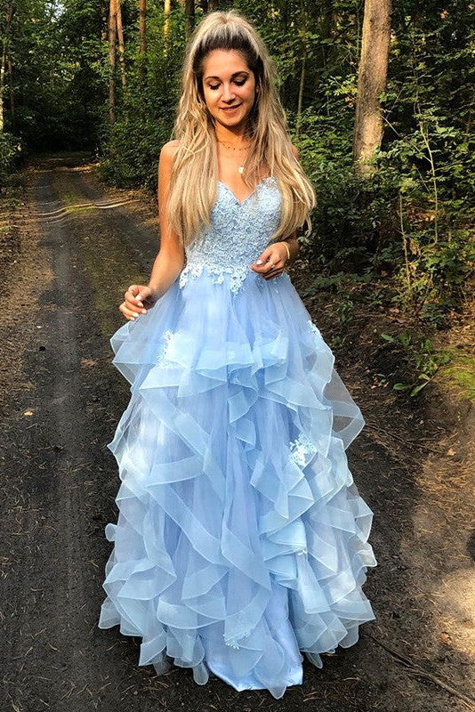 blue princess sweet 16 dress spaghetti straps tiered graudation prom dress