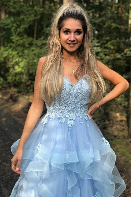 blue princess sweet 16 dress spaghetti straps tiered graudation prom dress