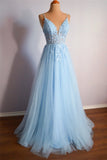 Sky Blue Tulle A Line V Neck Lace Long Prom Dresses, Graduation Evening Dress GP541