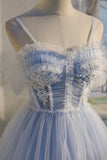 blue tulle lace short sweet 16 dress princess homecoming dress with bowknot