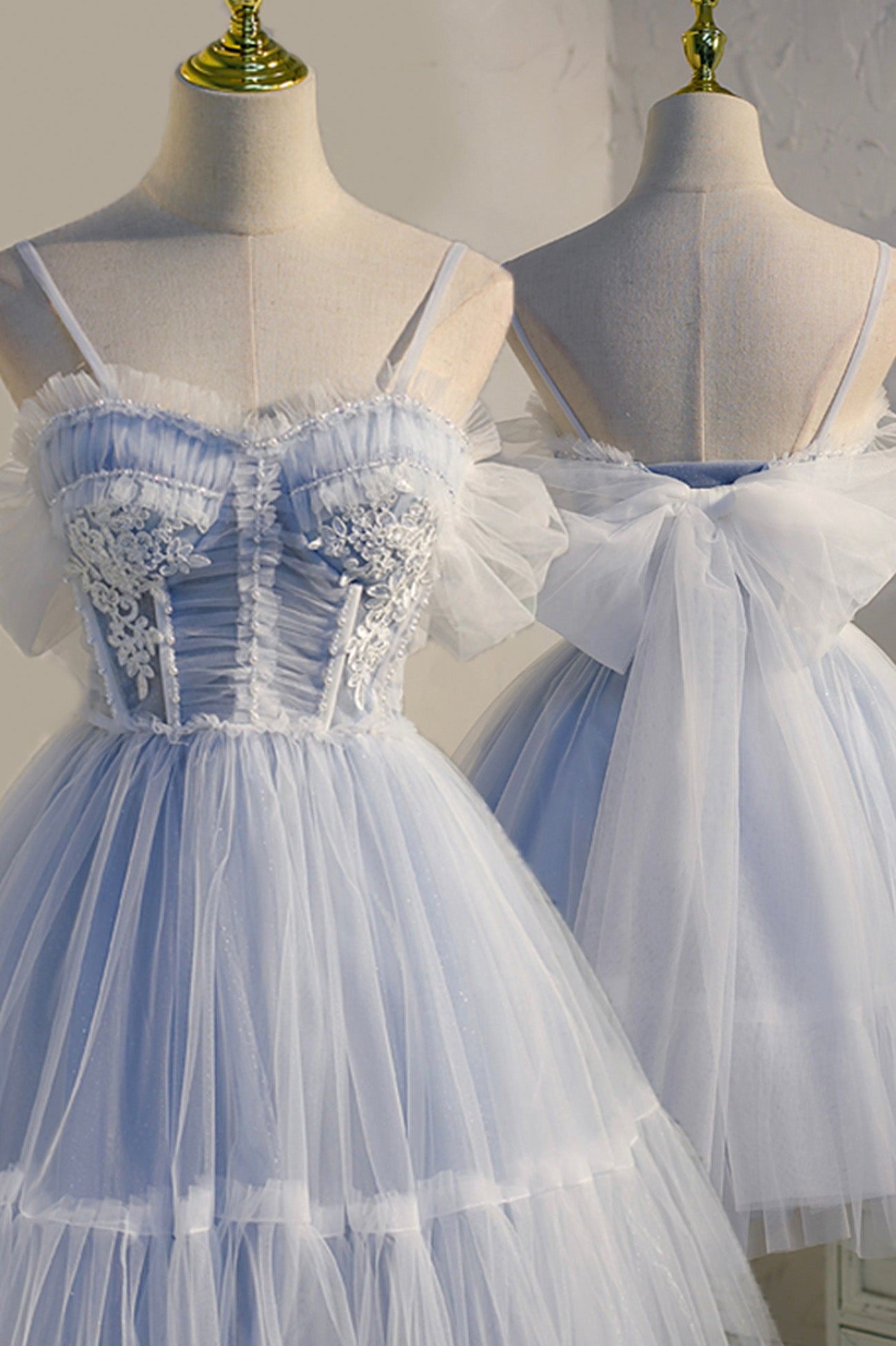 blue tulle lace short sweet 16 dress princess homecoming dress with bowknot