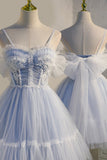 blue tulle lace short sweet 16 dress princess homecoming dress with bowknot
