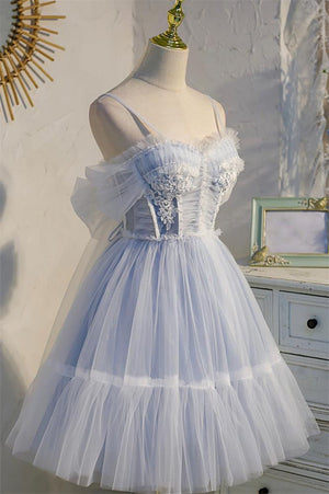 blue tulle lace short sweet 16 dress princess homecoming dress with bowknot