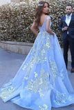 sky blue long prom dress off the shoulder ball gown with appliques