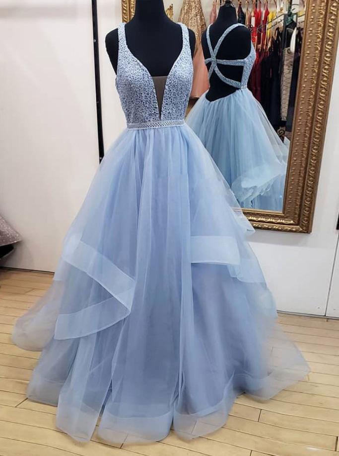 blue long prom dresses deep v neck tulle party dresses