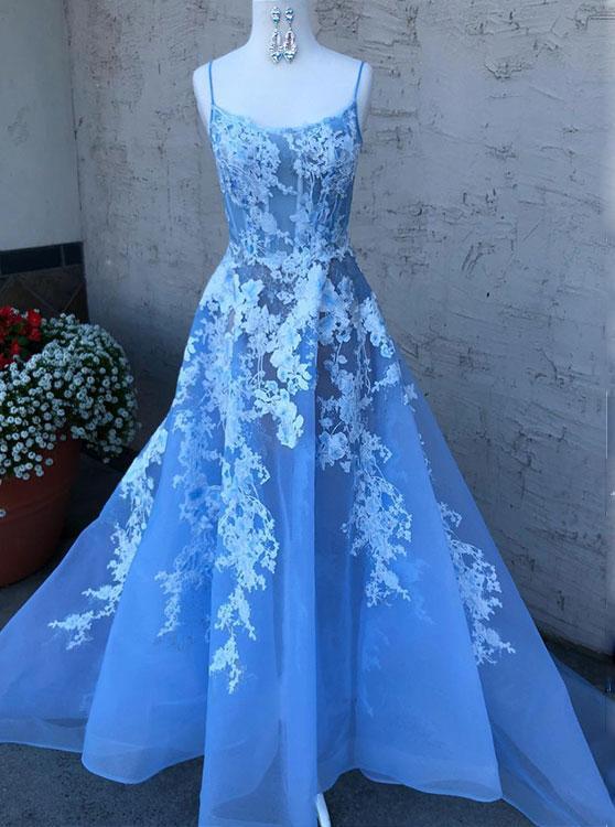 blue spaghetti straps tulle lace long prom dress with appliques