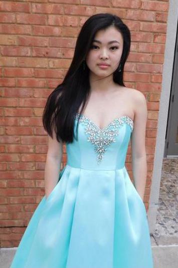 blue sweetheart beading long prom dress sweep train with pockets
