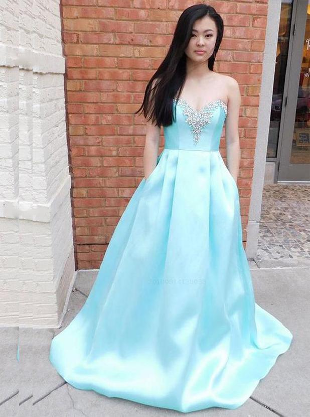 blue sweetheart beading long prom dress sweep train with pockets