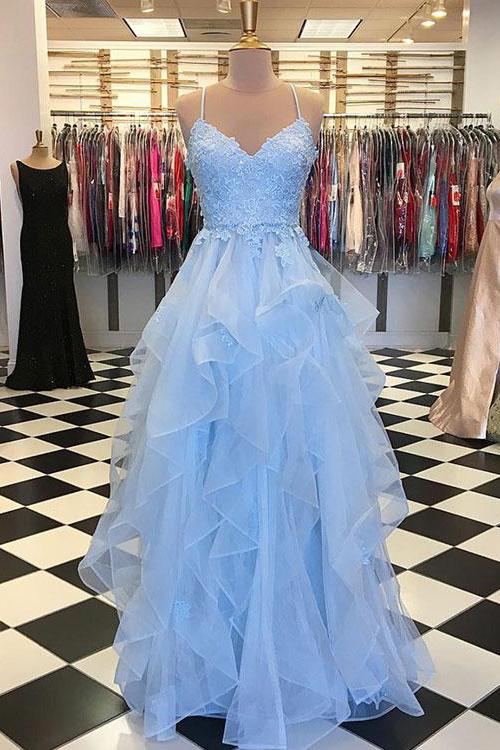 blue tulle long prom dress layered 8th graduation gown