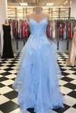 blue tulle long prom dress layered 8th graduation gown