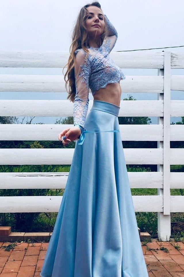 blue two piece prom dress lace long sleeves a line party gown