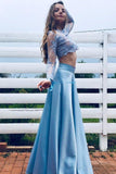 blue two piece prom dress lace long sleeves a line party gown