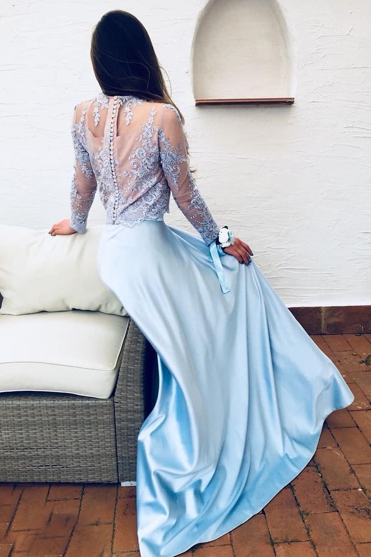 blue two piece prom dress lace long sleeves a line party gown