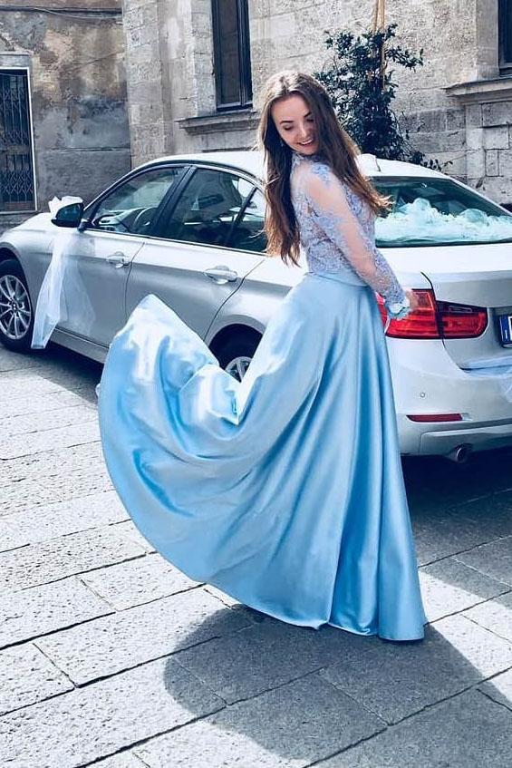 blue two piece prom dress lace long sleeves a line party gown