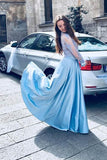 blue two piece prom dress lace long sleeves a line party gown