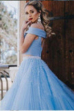 sky blue two piece tulle long prom dress off shoulder beading formal gown