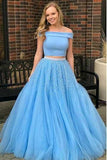 sky blue two piece tulle long prom dress off shoulder beading formal gown