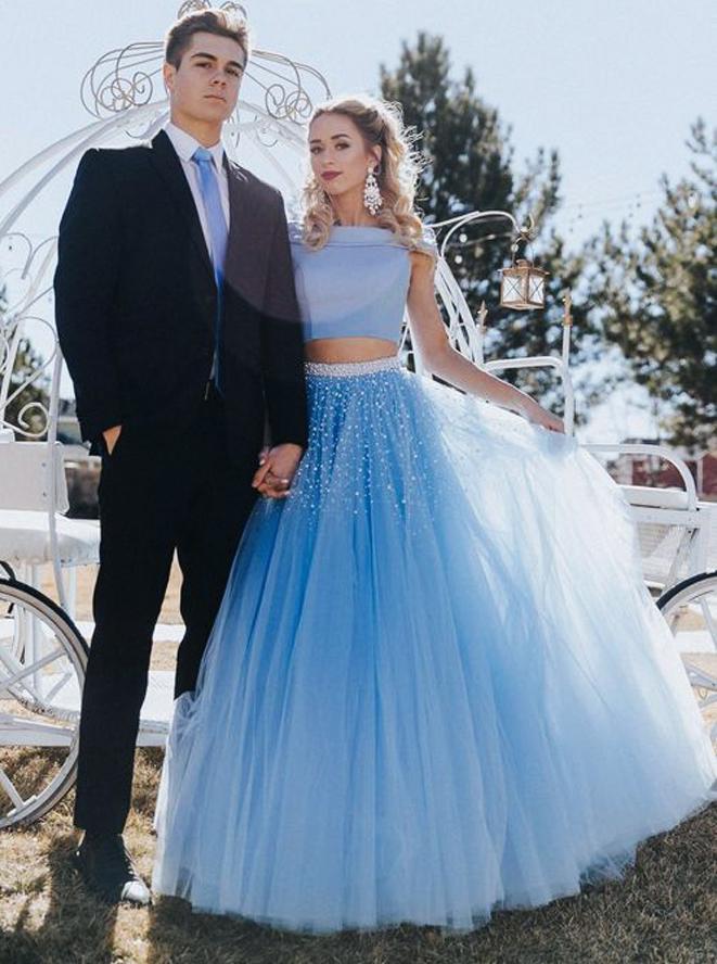 sky blue two piece tulle long prom dress off shoulder beading formal gown