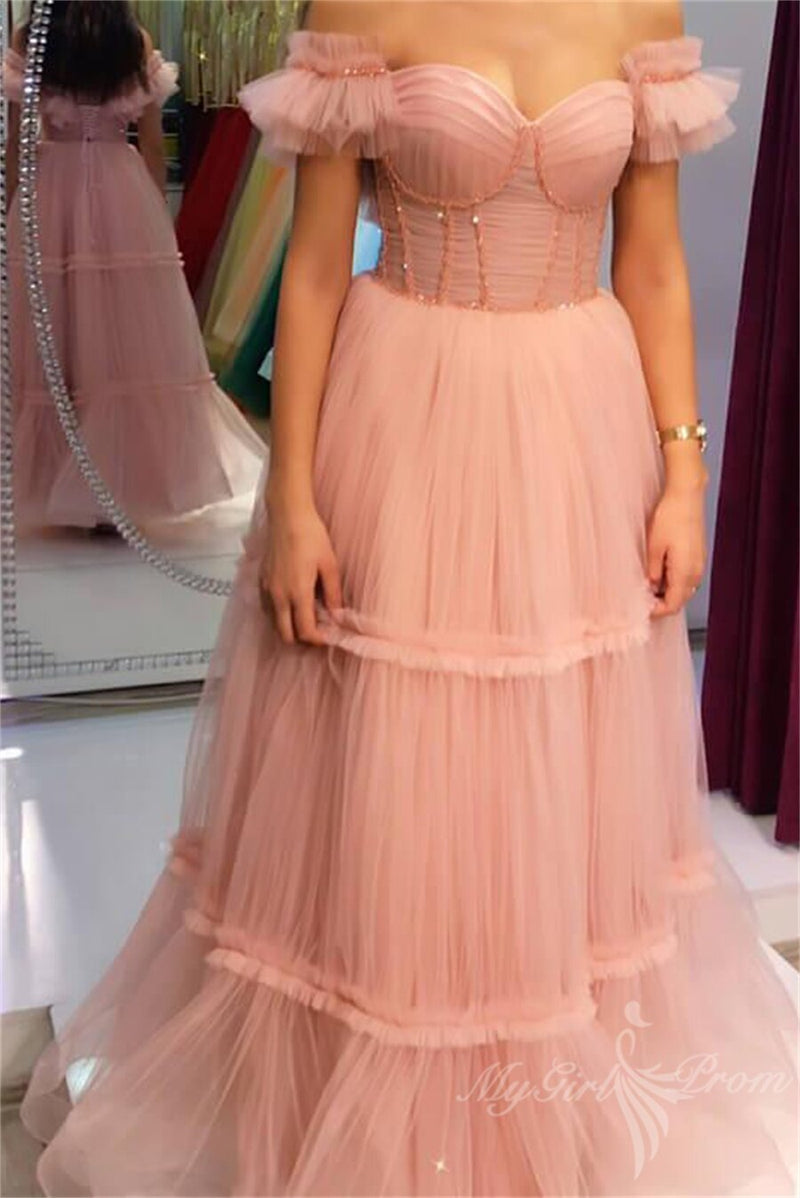 blush pink tiered tulle corset long prom dress sleeveless party gown with beaded