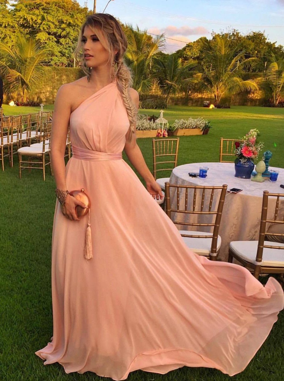 blush a line one shoulder flowy chiffon long bridesmaid dresses